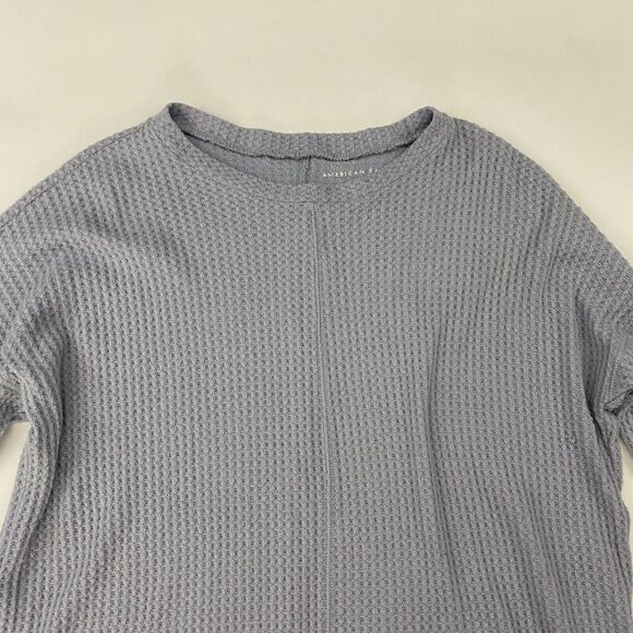 American Eagle Gray/Blue Waffle Knit Split Hem Blouse Dolman Sleeve L/S Sz XS - Picture 5 of 13